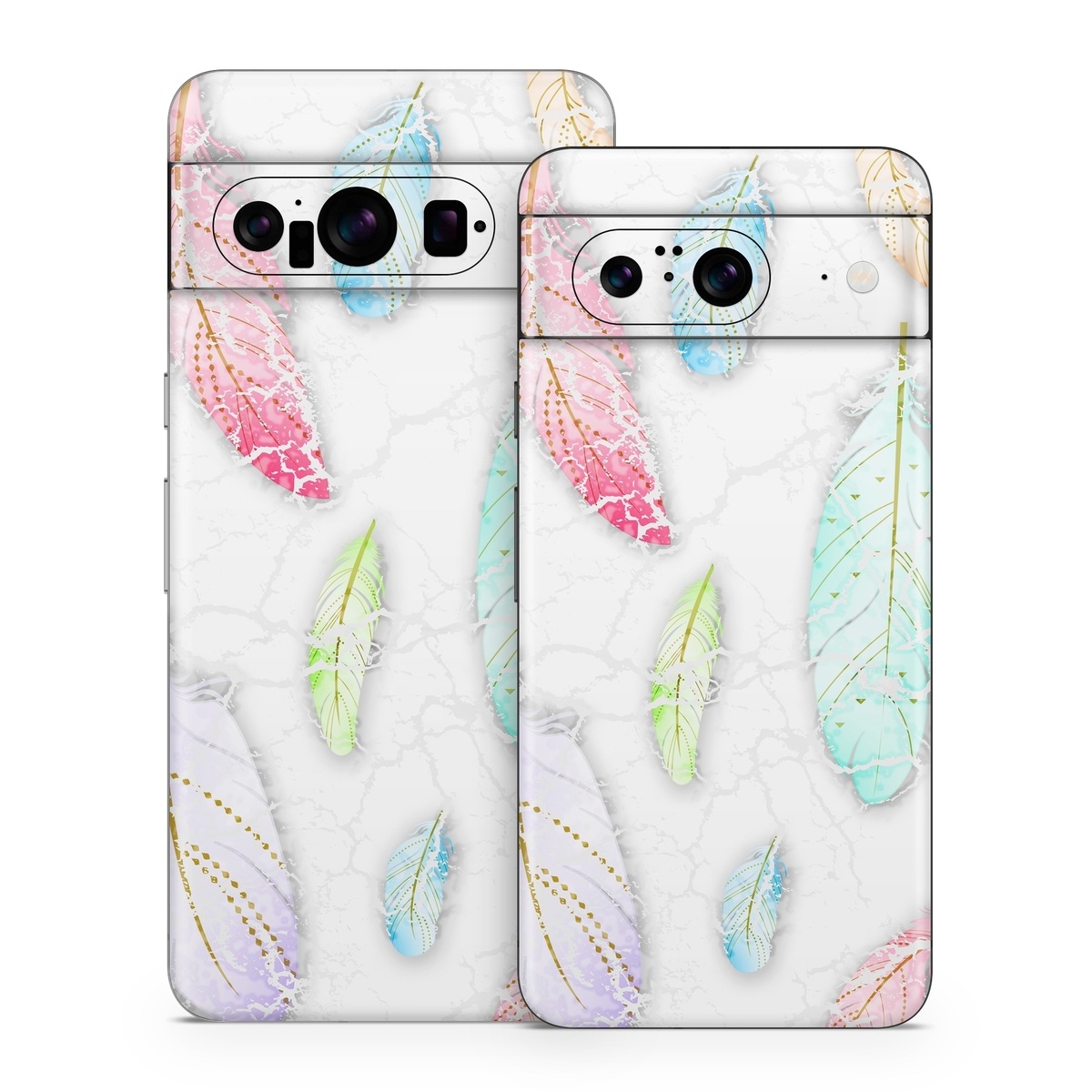 Google Pixel 8 Series Skin design of Feather, Fashion accessory, Jewellery, with red, blue, green, purple, white, brown colors