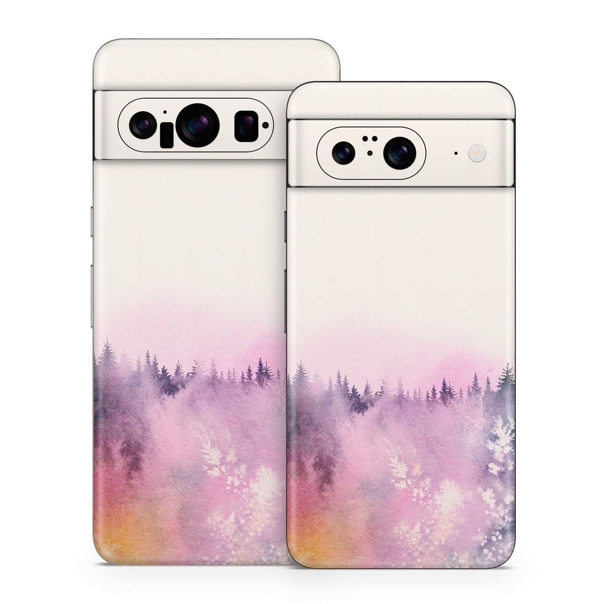 Google Pixel 8 Series Skin design of Watercolor paint, Sky, Atmospheric phenomenon, Tree, Atmosphere, Cloud, Landscape, Forest, Painting, Illustration, with white, yellow, pink, purple, blue, black colors