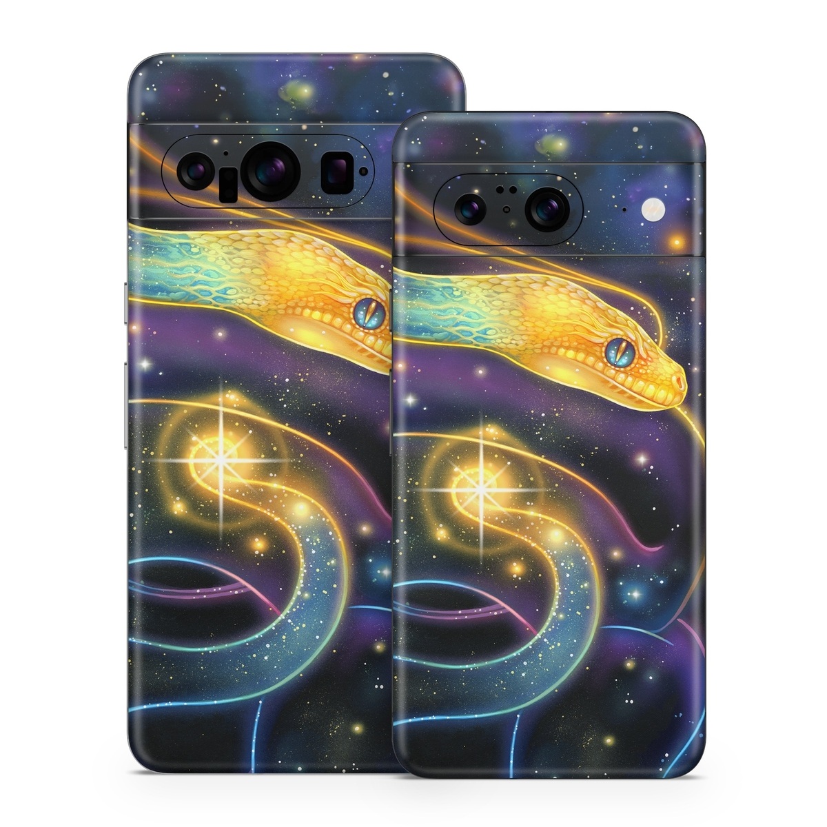 Google Pixel 8 Series Skin design of Atmosphere, Light, Organism, Art, Font, Astronomical object, Galaxy, Star, Science, Nebula, with black, white, yellow, orange, green, purple colors