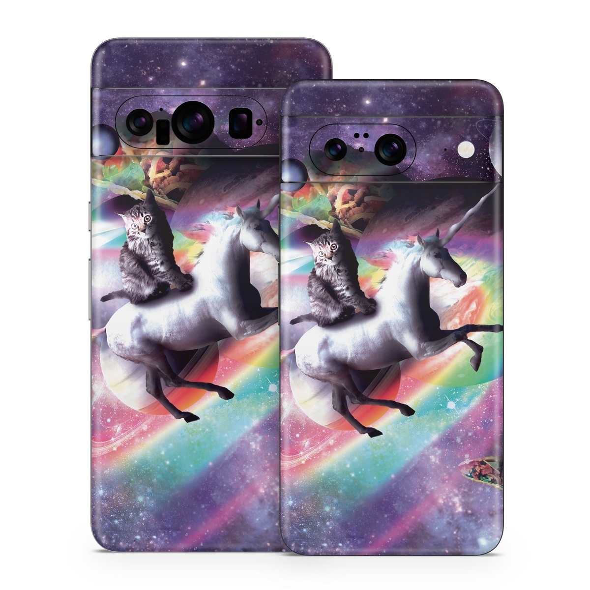 Google Pixel 8 Series Skin design of Illustration, Graphic design, Fictional character, Space, Sky, Astronomical object, Universe, Outer space, Art, Unicorn, with black, white, gray, red, yellow, green, blue, orange colors
