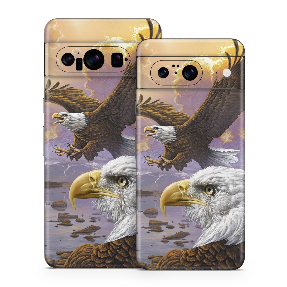 Google Pixel 8 Series Skin design of Bird, Bird of prey, Bald eagle, Vertebrate, Eagle, Accipitriformes, Accipitridae, Golden eagle, Beak, Hawk, with gray, black, green, red, purple colors
