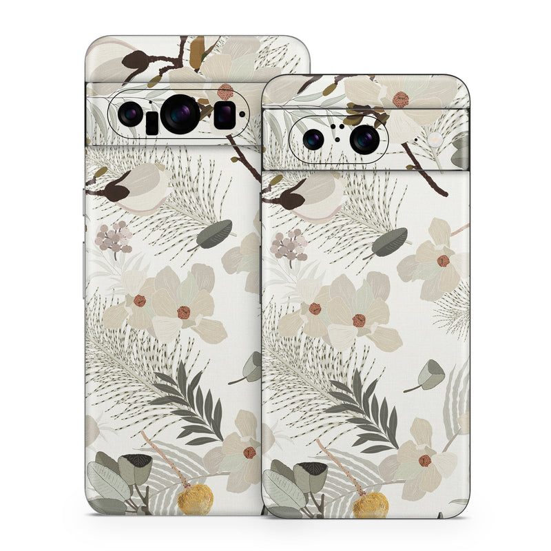 Google Pixel 8 Series Skin design of Branch, Botany, Twig, Plant, Textile, Organism, Art, Creative arts, Pattern, Tints and shades, with white, green, yellow, brown, gray colors