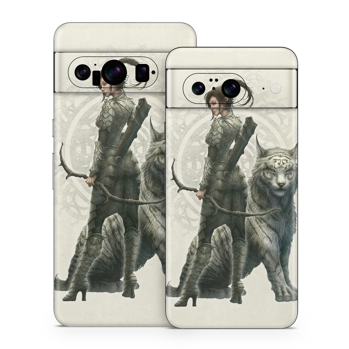 Google Pixel 8 Series Skin design of Illustration, Fictional character, Drawing, Woman warrior, Art, Mythology, Sketch, with gray, black, pink, yellow, green colors