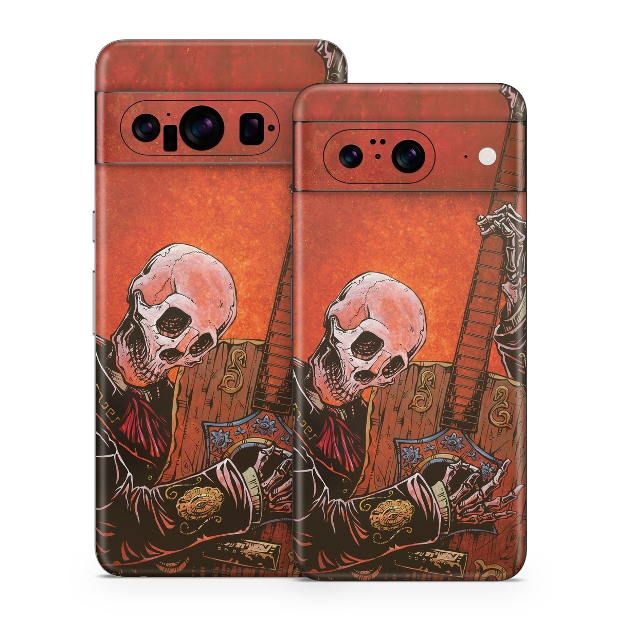 Google Pixel 8 Series Skin design of Sleeve, Art, Painting, Personal protective equipment, Artist, Music, Font, Visual arts, Drawing, Skull, with white, black, gray, brown, orange, yellow, red colors