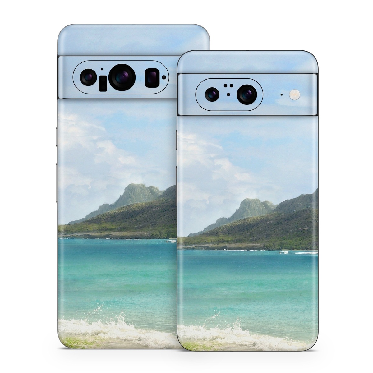 Google Pixel 8 Series Skin design of Body of water, Tropics, Nature, Natural landscape, Shore, Coast, Caribbean, Sea, Tree, Beach, with gray, black, blue, green colors