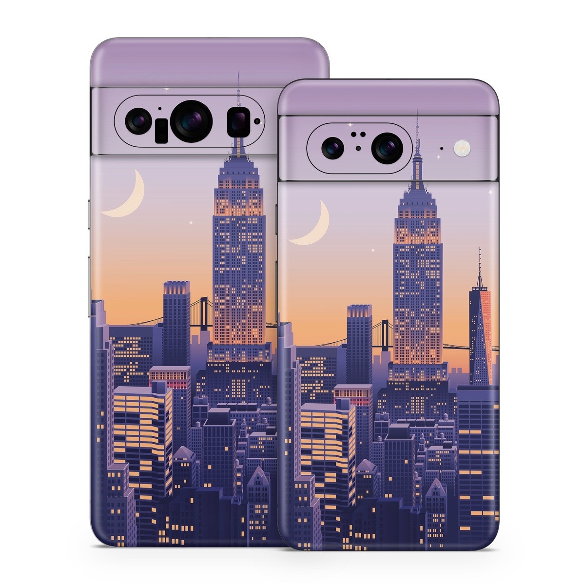 Google Pixel 8 Series Skin design of Skyscraper, Building, Sky, Atmosphere, Moon, World, Nature, Tower, Afterglow, Dusk, with blue, purple, yellow, orange colors