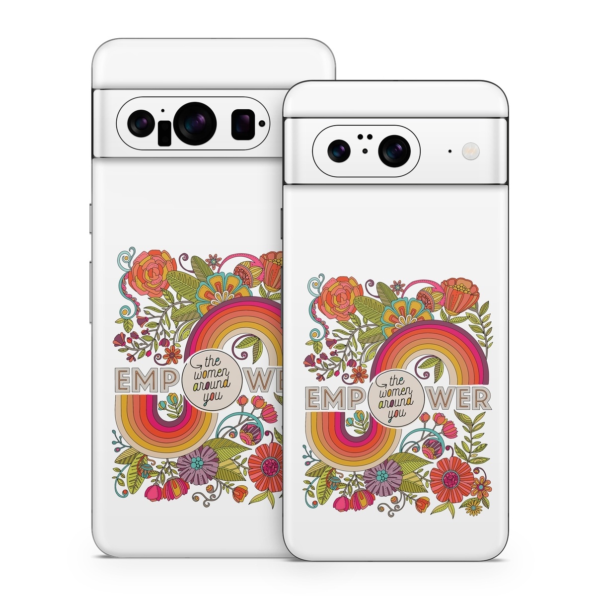 Google Pixel 8 Series Skin design of Botany, Flower, Font, Creative arts, Petal, Circle, Pattern, Art, Visual arts, Floral design, with white, red, yellow, orange, green, blue colors
