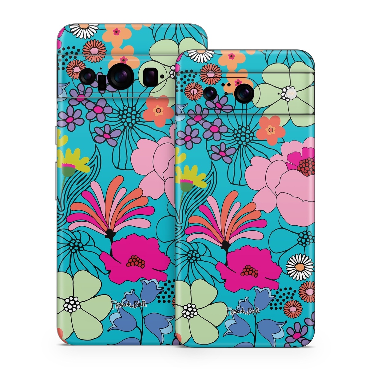 Google Pixel 8 Series Skin design of Flower, Green, Azure, Nature, Botany, Petal, Blue, Textile, Pink, Art, with blue, pink, yellow, orange, red, purple, green colors