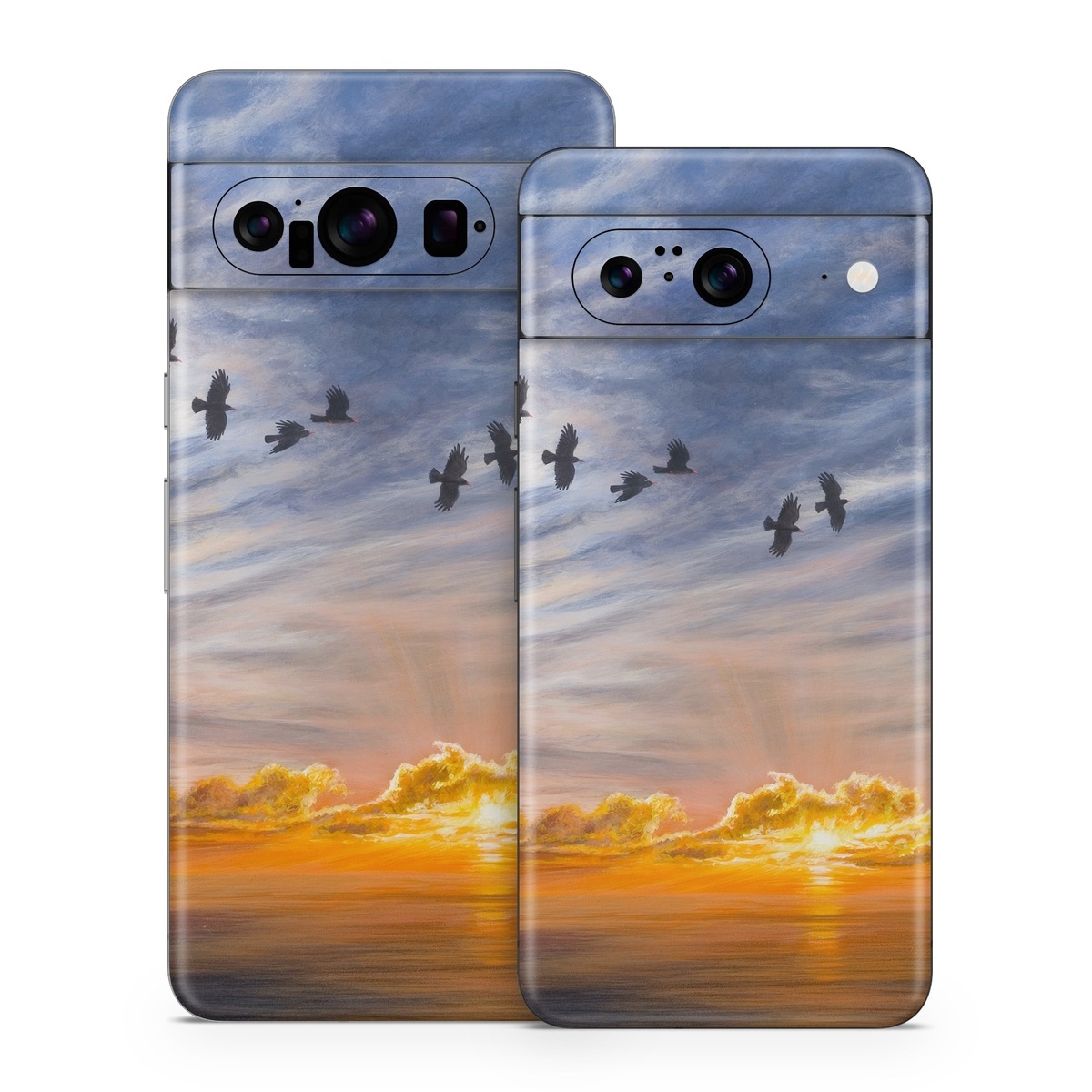 Google Pixel 8 Series Skin design of Sky, Cloud, Nature, Blue, Daytime, Atmosphere, Sunset, Afterglow, Evening, Horizon, with black, blue, yellow, orange, white colors