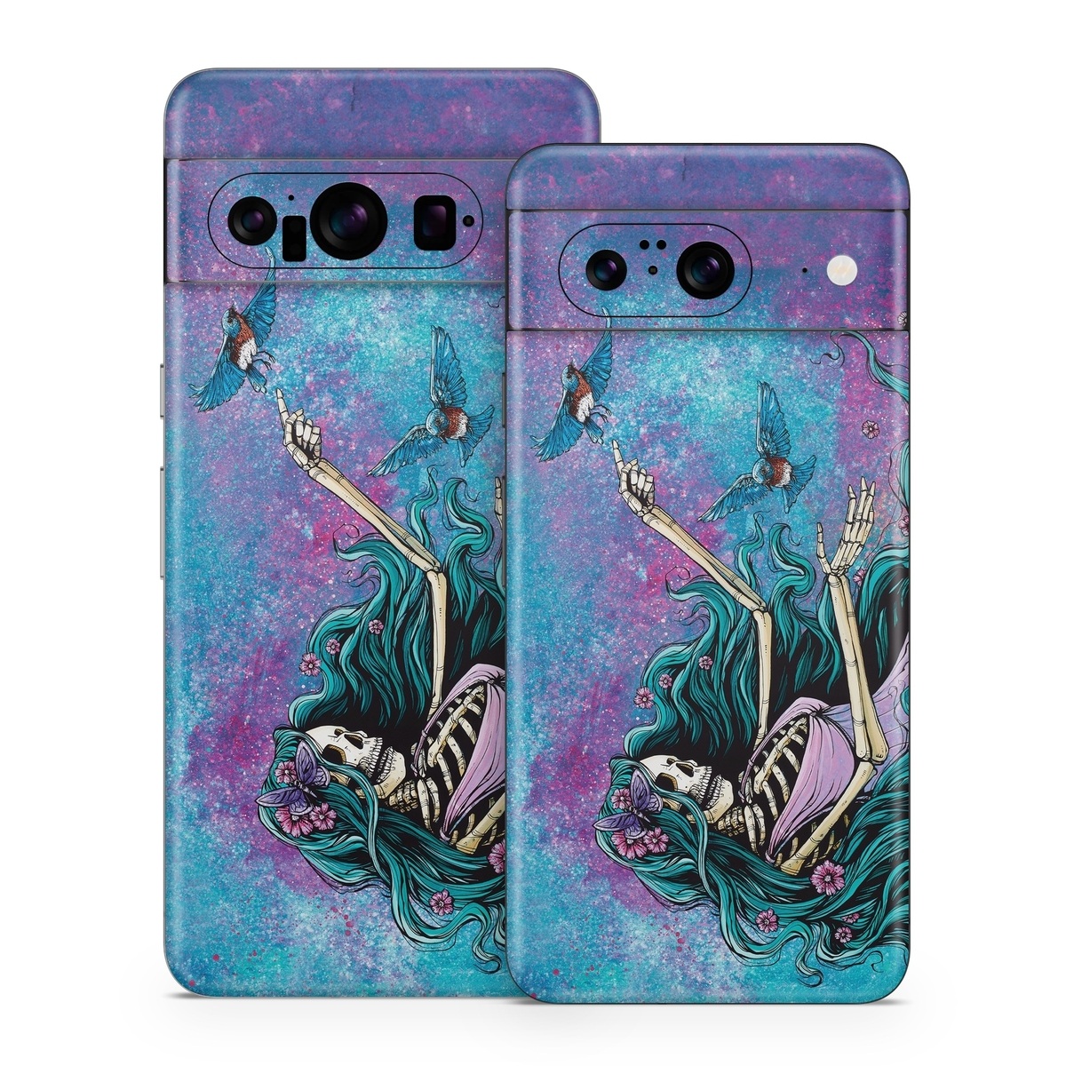 Google Pixel 8 Series Skin design of Green, Purple, Painting, Paint, Art, Cg artwork, Mythical creature, Musical instrument, Graffiti, Artist, with blue, purple, white, gray, brown colors