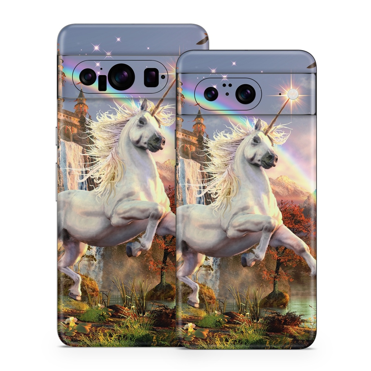 Google Pixel 8 Series Skin design of Nature, Unicorn, Fictional character, Sky, Mythical creature, Mythology, Cg artwork, Horse, Mane, Wildlife, with black, gray, red, green, blue colors