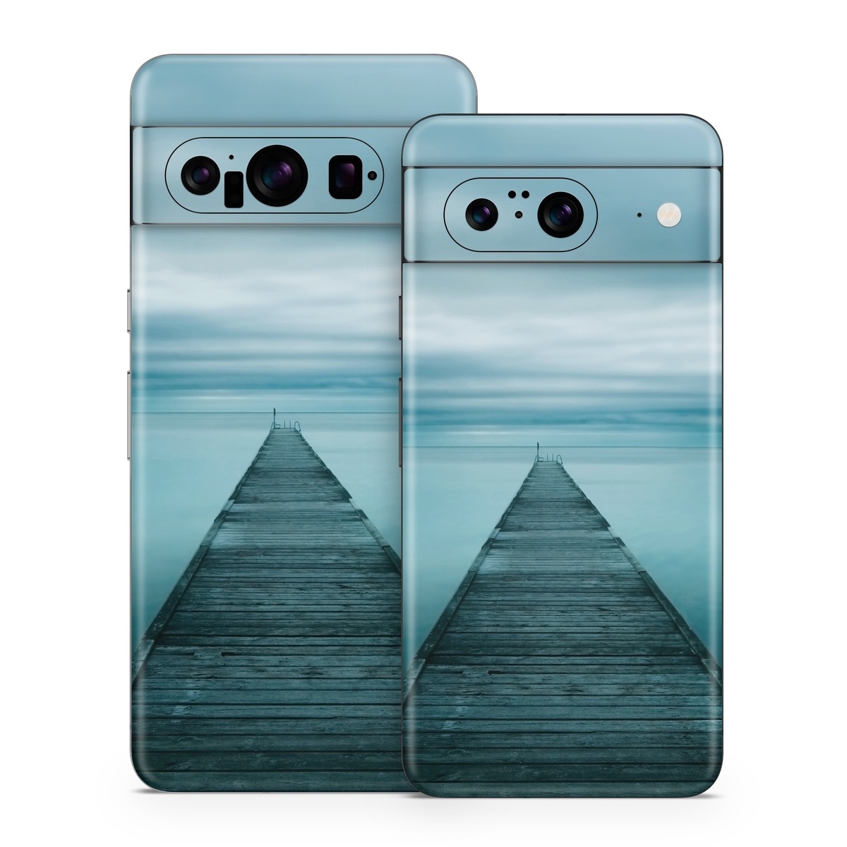 Google Pixel 8 Series Skin design of Sea, Water, Horizon, Sky, Blue, Ocean, Daytime, Calm, Fixed link, Symmetry, with black, blue, gray colors
