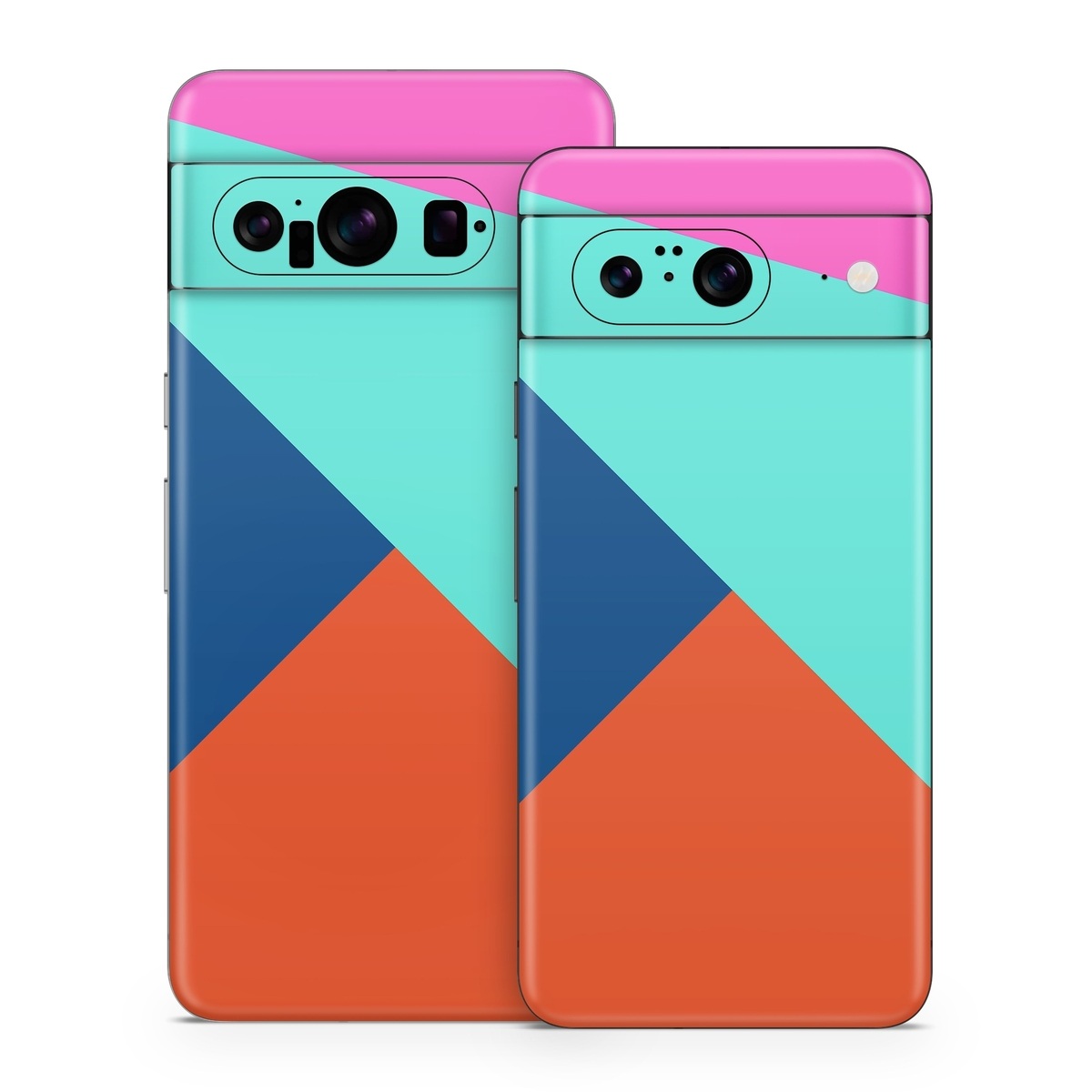 Google Pixel 8 Series Skin design of Blue, Colorfulness, Turquoise, Line, Azure, Triangle, Pattern, Graphic design, Magenta, with blue, pink, orange, red colors