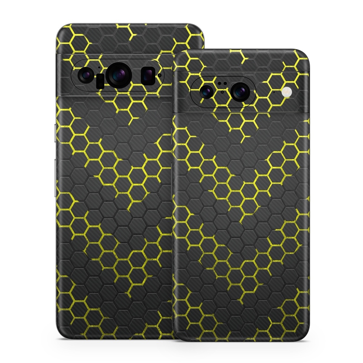 Google Pixel 8 Series Skin design of Black, Pattern, Yellow, Mesh, Net, Chain-link fencing, Design, Metal, with black, gray, yellow colors
