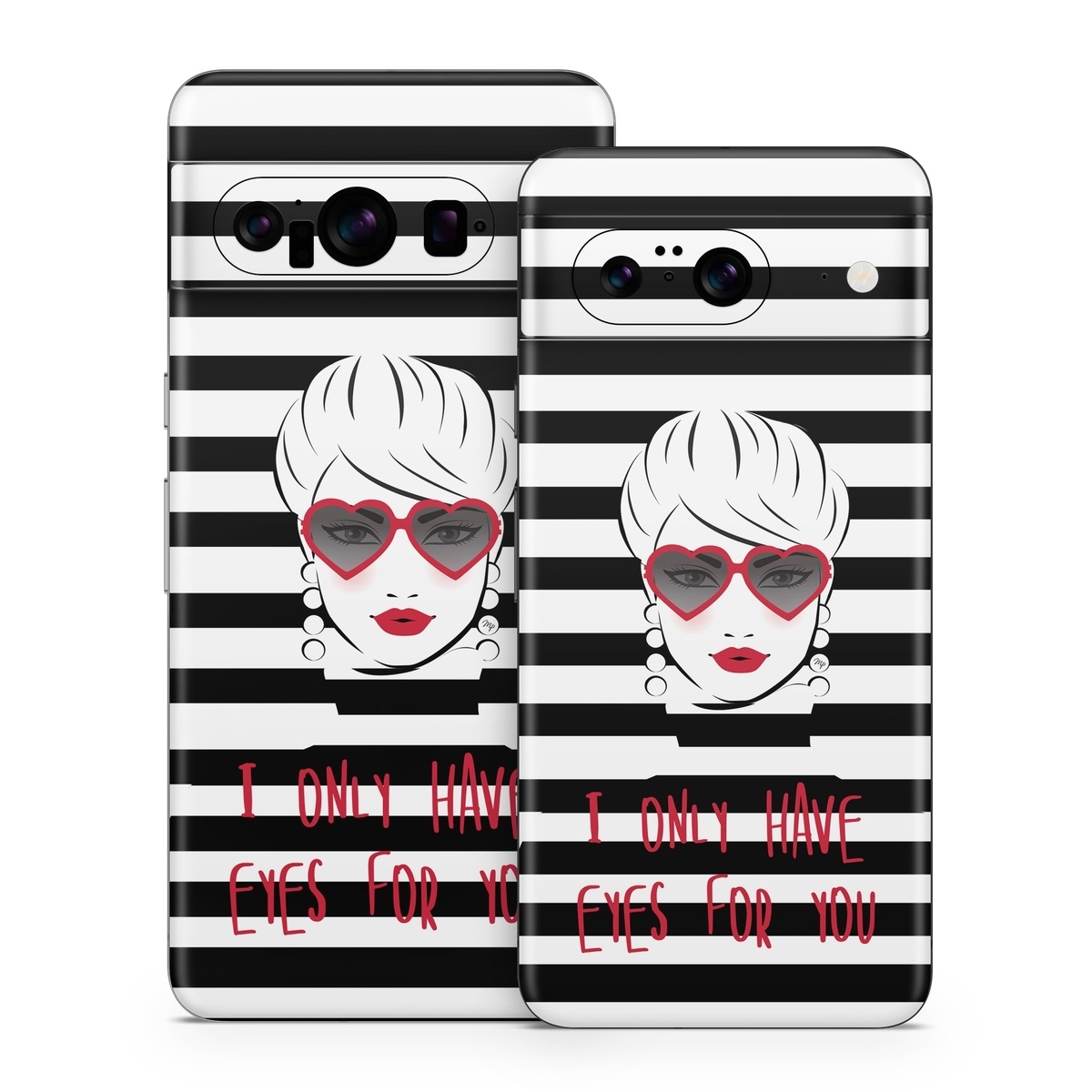 Google Pixel 8 Series Skin design of Rectangle, Font, Gesture, Eyewear, Art, Technology, Personal protective equipment, Goggles, Logo, Eyelash, with black, white, yellow, red colors