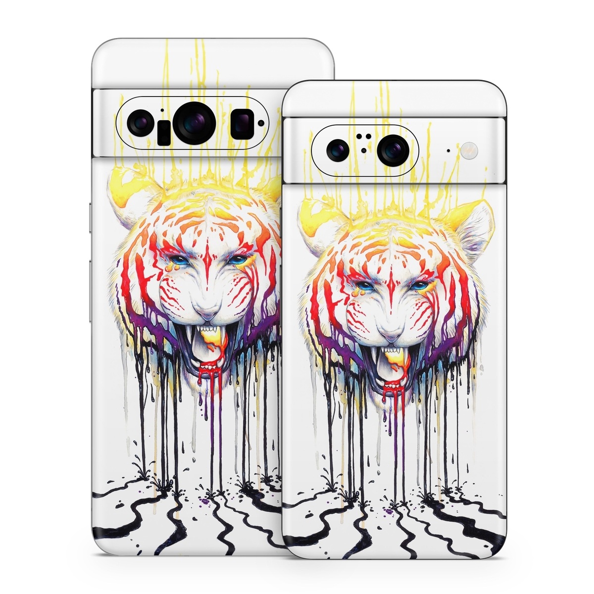Google Pixel 8 Series Skin design of Jaw, Roar, Organism, Gesture, Art, Font, Felidae, Painting, Illustration, Drawing, with white, black, yellow, red, orange, purple colors