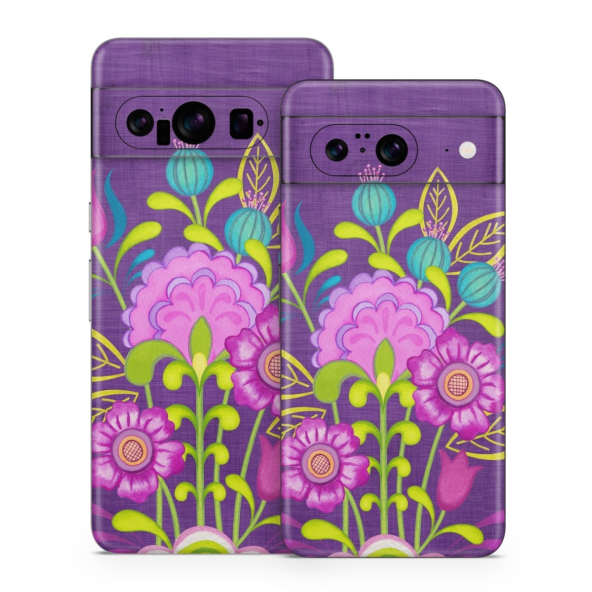 Google Pixel 8 Series Skin design of Flower, Pattern, Plant, Violet, Botany, Visual arts, Design, Floral design, Art, Magenta, with blue, purple, green, gray, red colors
