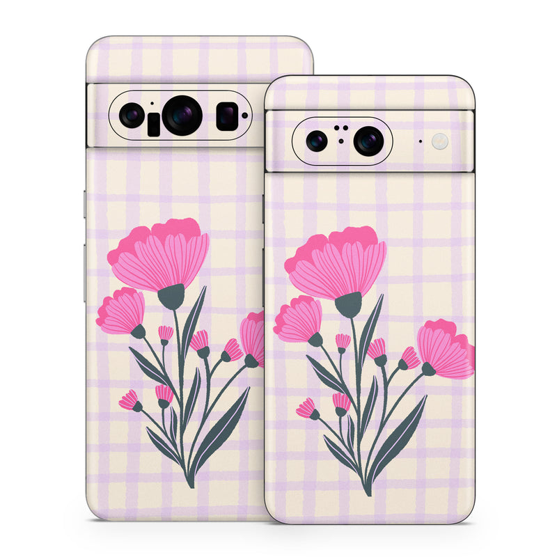 Google Pixel 8 Series Skin design of Flower, Plant, Petal, Product, Dishware, Textile, Creative arts, Pink, Art, Magenta, with white, green, pink, purple colors