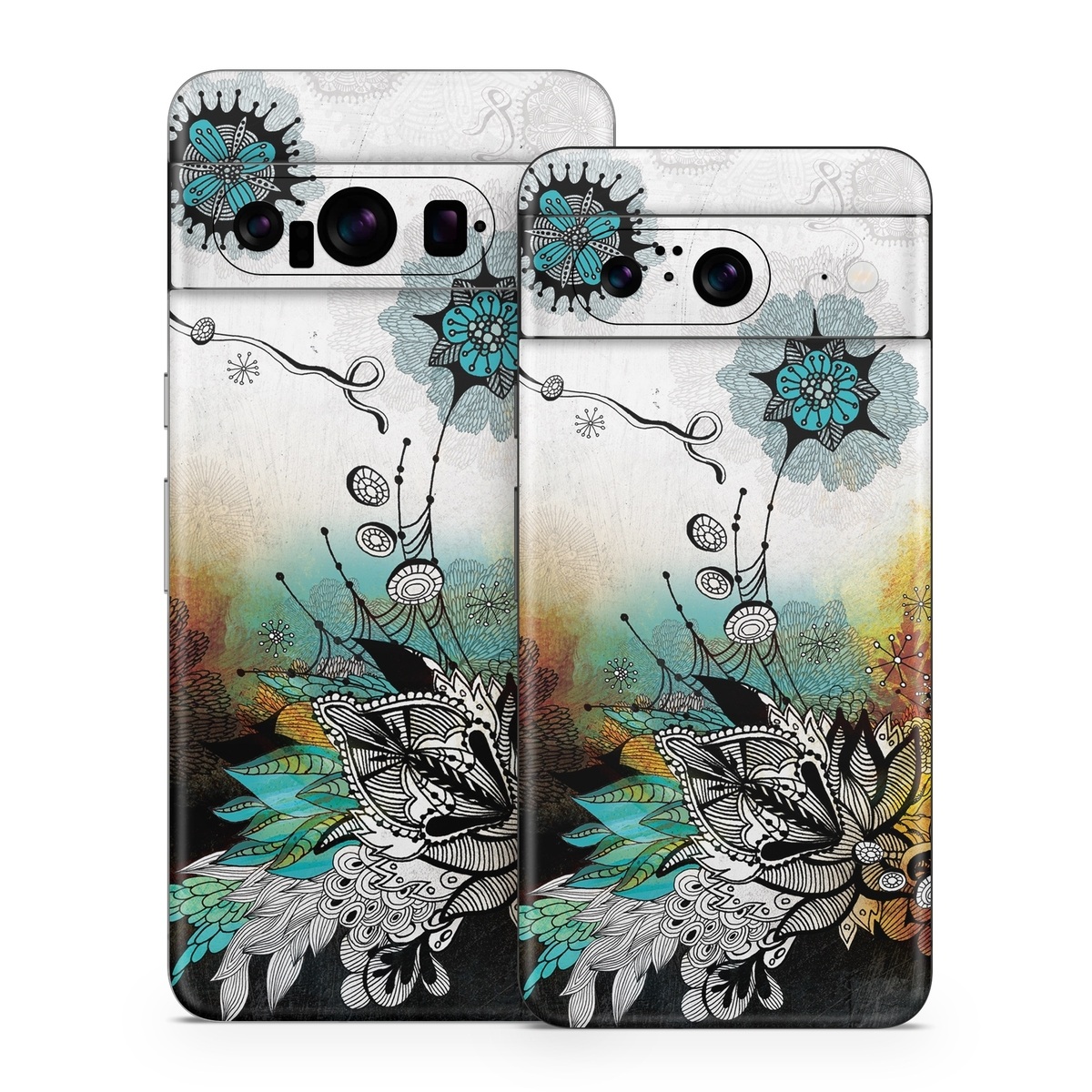 Google Pixel 8 Series Skin design of Graphic design, Illustration, Art, Design, Visual arts, Floral design, Font, Graphics, Modern art, Painting, with black, gray, red, green, blue colors