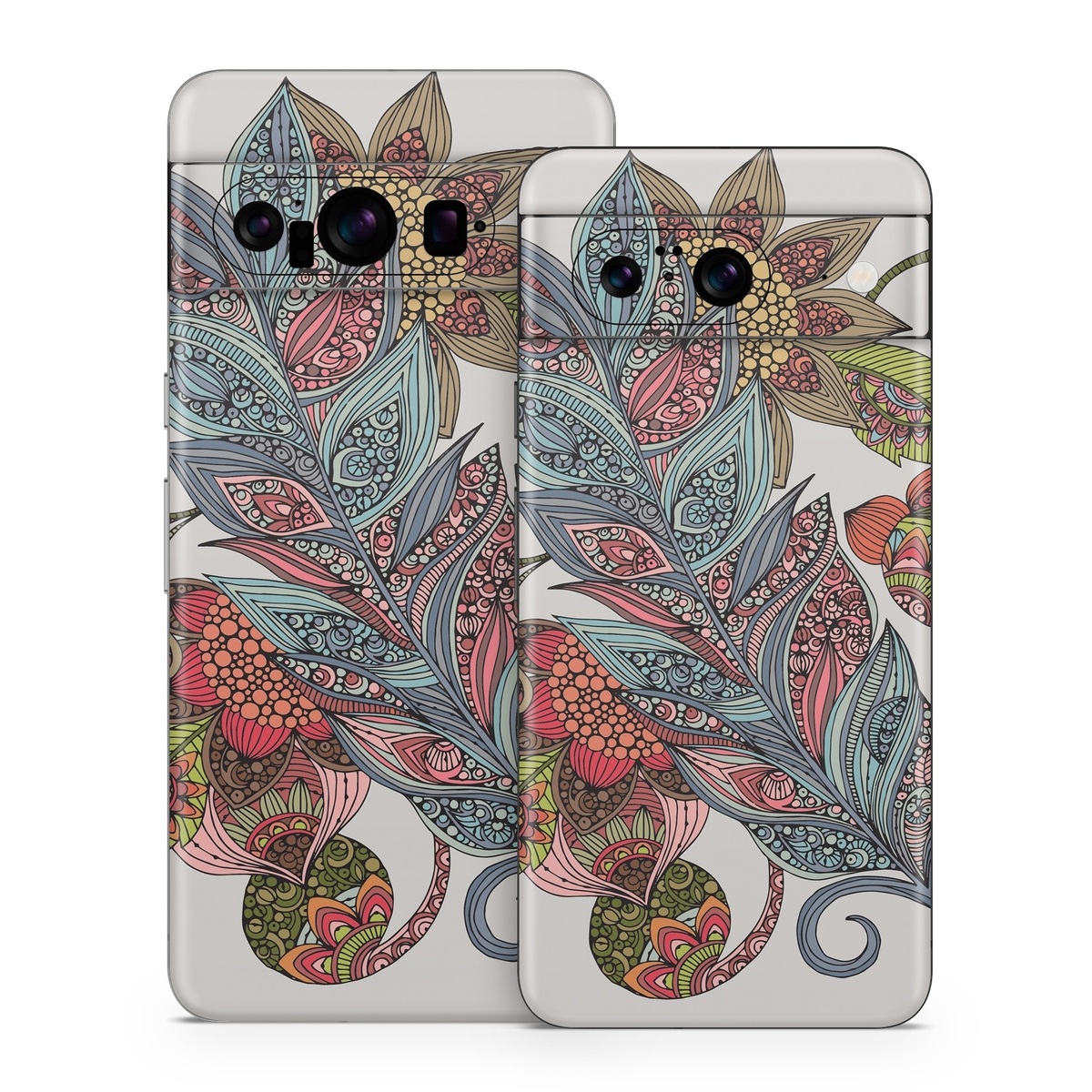 Google Pixel 8 Series Skin design of Botany, Plant, Leaf, Pattern, Flower, Illustration, Design, Motif, Protea family, Flowering plant, with green, blue, pink, red, yellow, orange, gray, brown colors