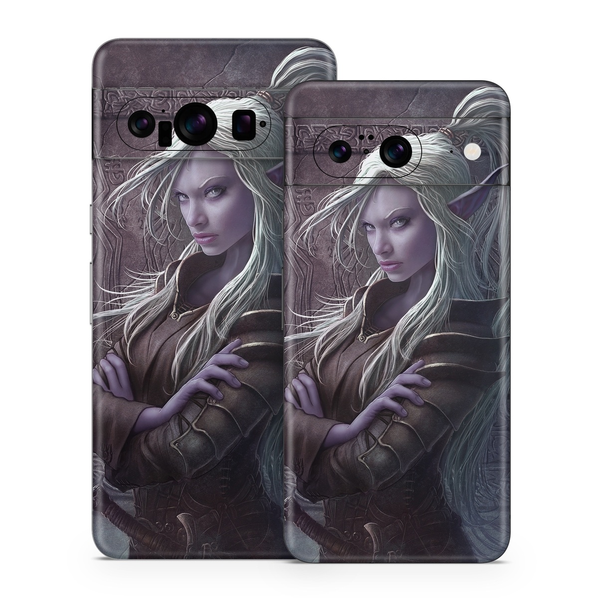 Google Pixel 8 Series Skin design of Cg artwork, Beauty, Purple, Lady, Illustration, Fictional character, Long hair, Photography, Art, Portrait, with black, gray, purple colors