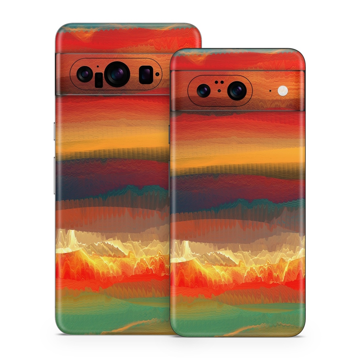Google Pixel 8 Series Skin design of Sky, Red, Horizon, Afterglow, Orange, Painting, Acrylic paint, Watercolor paint, Sunset, Geological phenomenon, with red, blue, green, yellow, orange, white colors