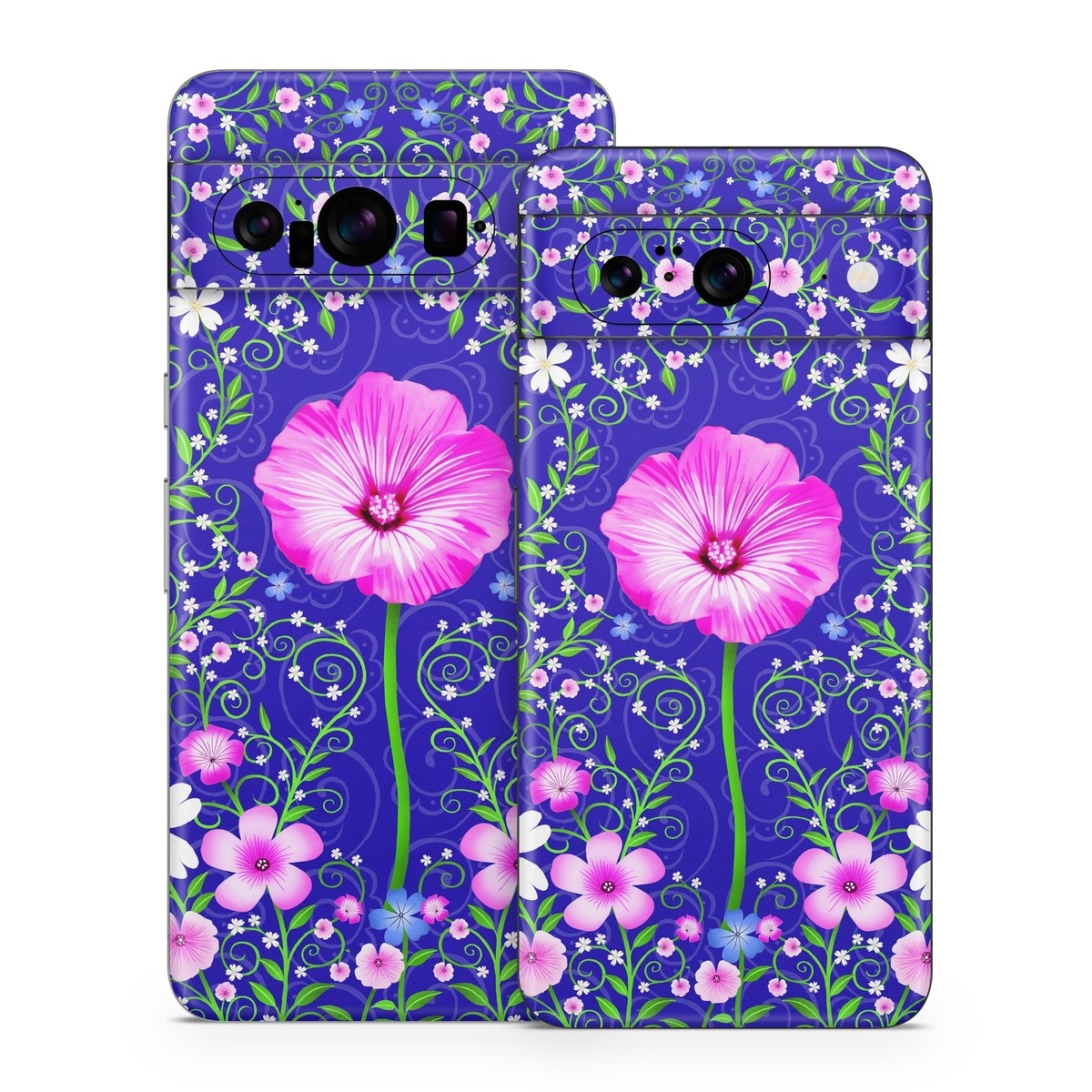 Google Pixel 8 Series Skin design of Purple, Violet, Flower, Plant, Wildflower, Pattern, Petal, Design, Graphics, Morning glory, with blue, purple, pink, green, white, yellow colors