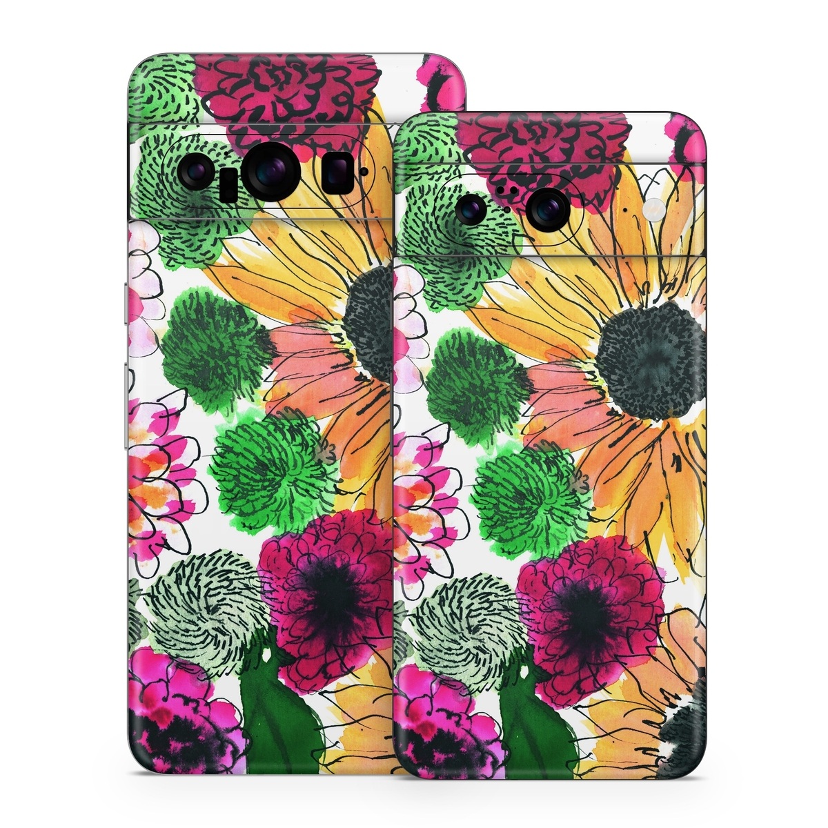 Google Pixel 8 Series Skin design of Flower, Floral design, Plant, Gazania, african daisy, Petal, Pattern, Botany, Wildflower, Design, with red, yellow, green, pink, black colors