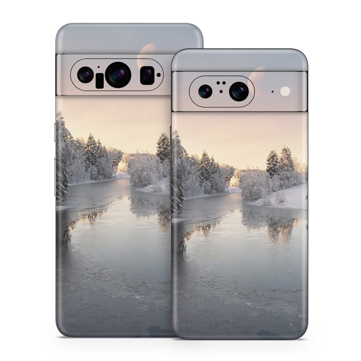 Google Pixel 8 Series Skin design of Water, Cloud, Sky, Atmosphere, Water resources, Tree, Natural landscape, Moon, Snow, Dusk, with blue, black, yellow, orange, white colors