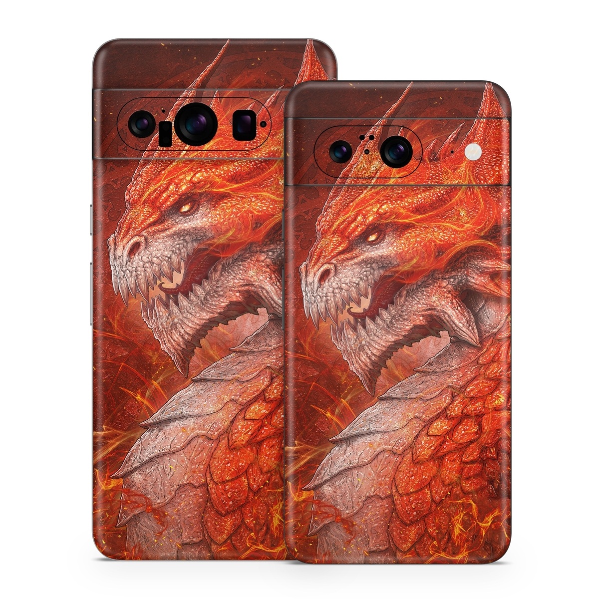 Google Pixel 8 Series Skin design of Fictional character, Cg artwork, Illustration, Art, Demon, Geological phenomenon, Mythical creature, Dragon, Cryptid, with red, orange, yellow colors