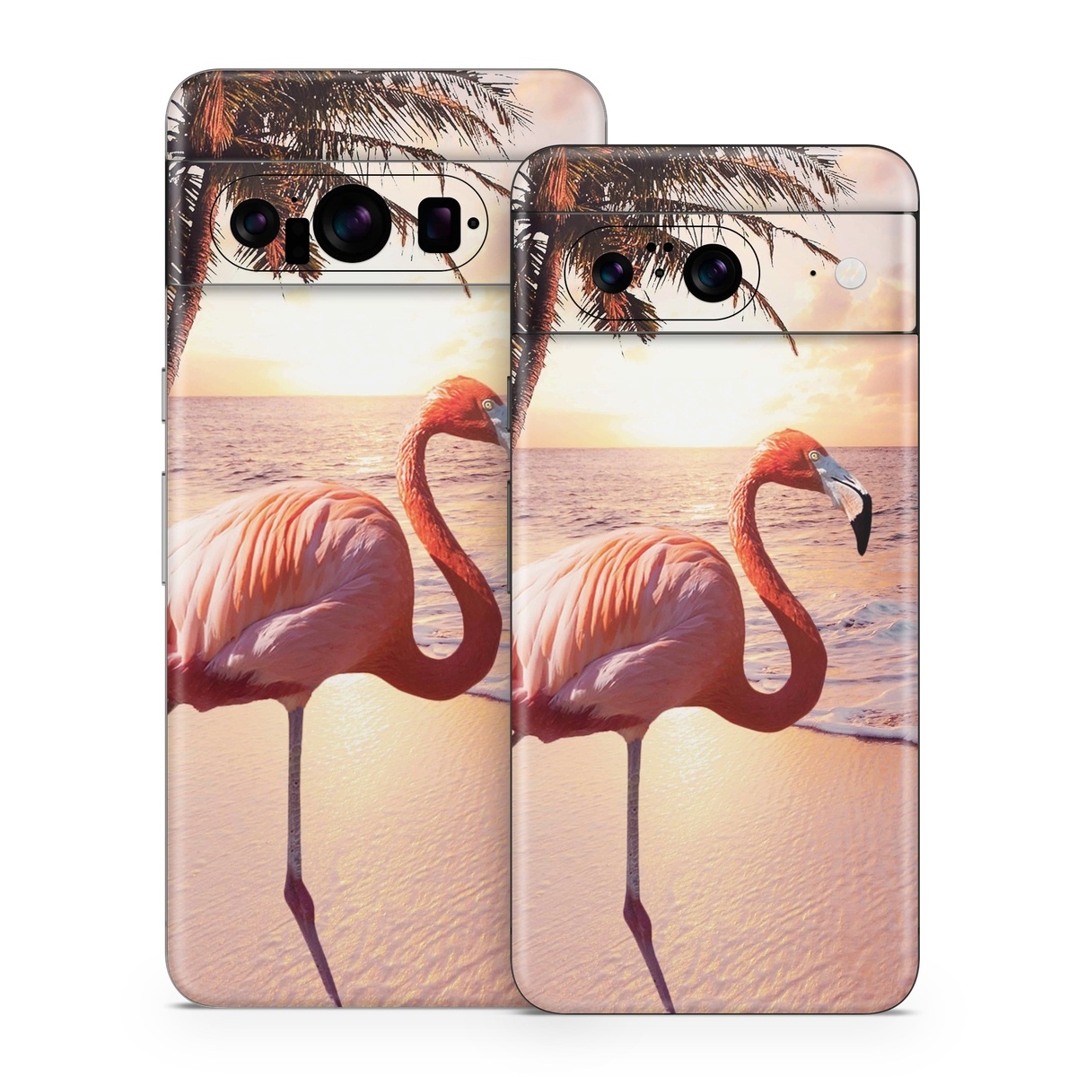 Google Pixel 8 Series Skin design of Flamingo, Greater flamingo, Bird, Water bird, Pink, Wildlife, Sky, Tree, Organism, Beak, with pink, blue, green, yellow, white, orange, black colors