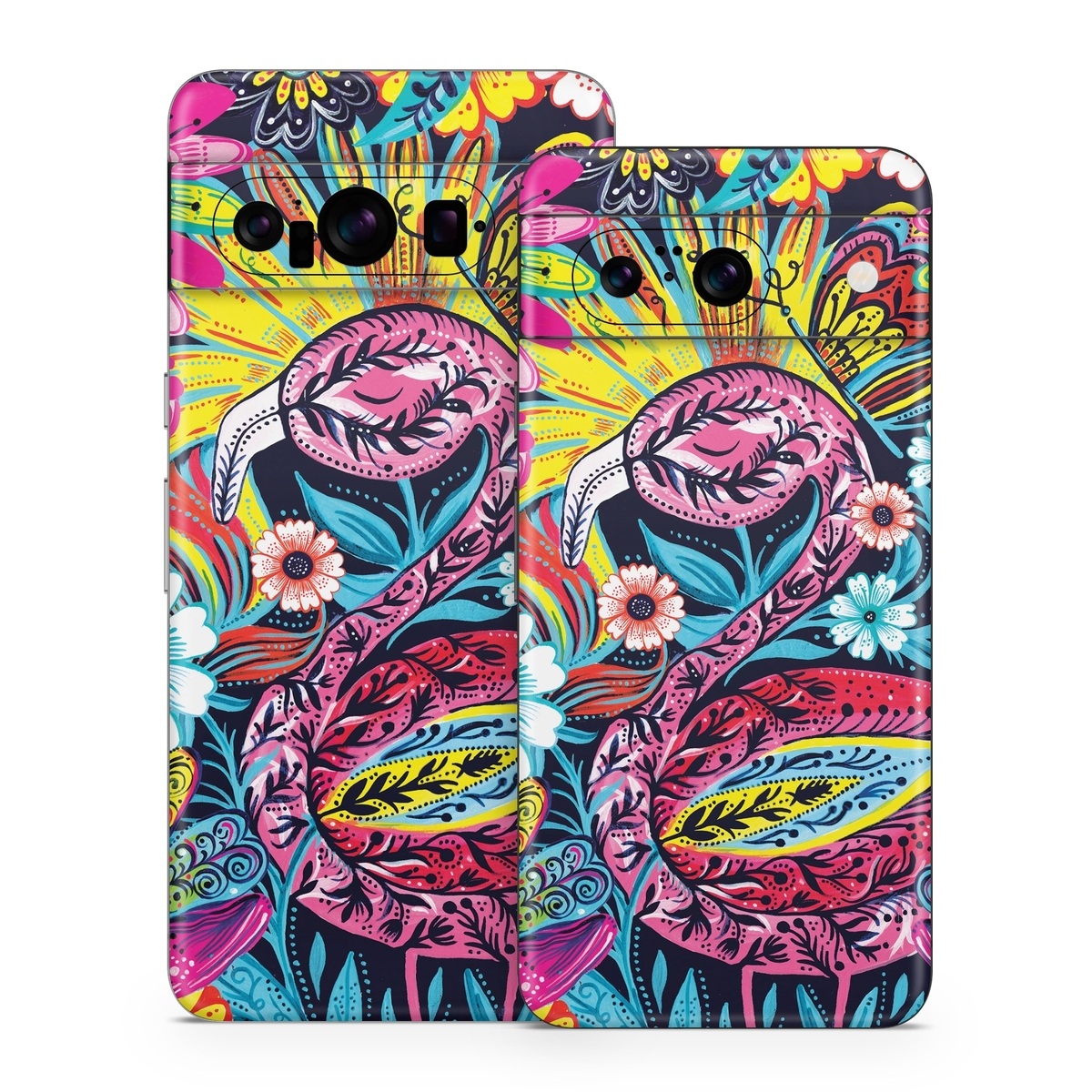 Google Pixel 8 Series Skin design of Psychedelic art, Pattern, Visual arts, Art, Design, Textile, Illustration, Plant, Graphic design, Drawing, with pink, yellow, black, blue, white colors
