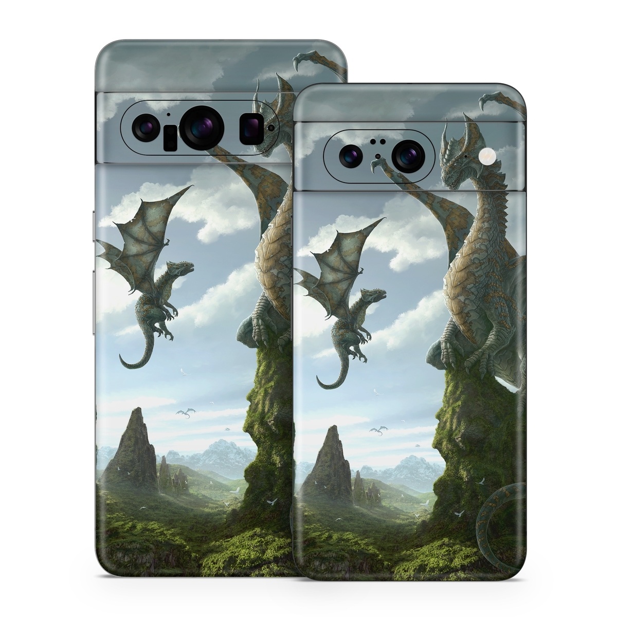 Google Pixel 8 Series Skin design of Dragon, Cg artwork, Fictional character, Mythical creature, Mythology, Extinction, Cryptid, Illustration, Games, Massively multiplayer online role-playing game, with black, gray, blue, white, purple colors
