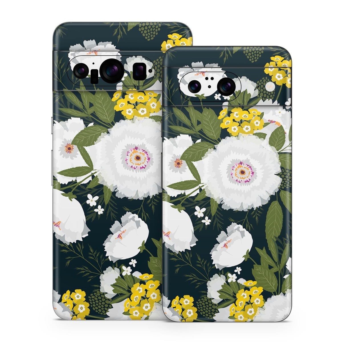 Google Pixel 8 Series Skin design of Flower, Flowering plant, Plant, Petal, Daisy, mayweed, Wildflower, Floral design, Annual plant, with green, yellow, white, orange colors