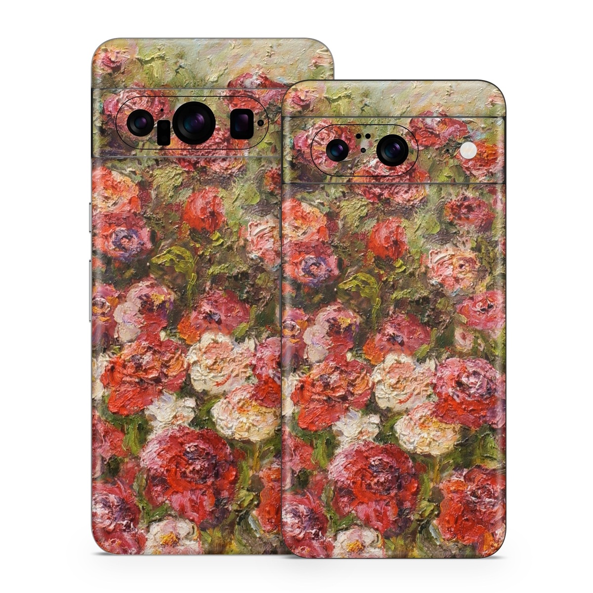 Google Pixel 8 Series Skin design of Flower, Garden roses, Rose, Plant, Floribunda, Flowering plant, Rosa × centifolia, Rose family, Botany, Petal, with red, black, green, gray colors