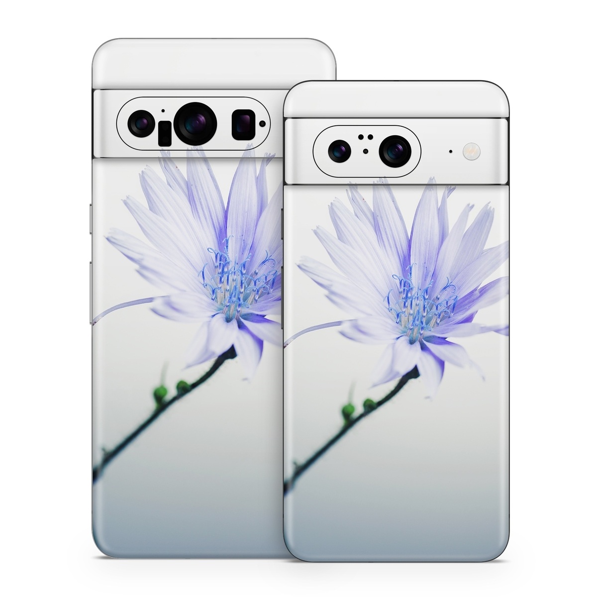 Google Pixel 8 Series Skin design of Blue, Flower, Plant, Petal, Close-up, Macro photography, Flowering plant, Herbaceous plant, Wildflower, Photography, with gray, white, yellow colors