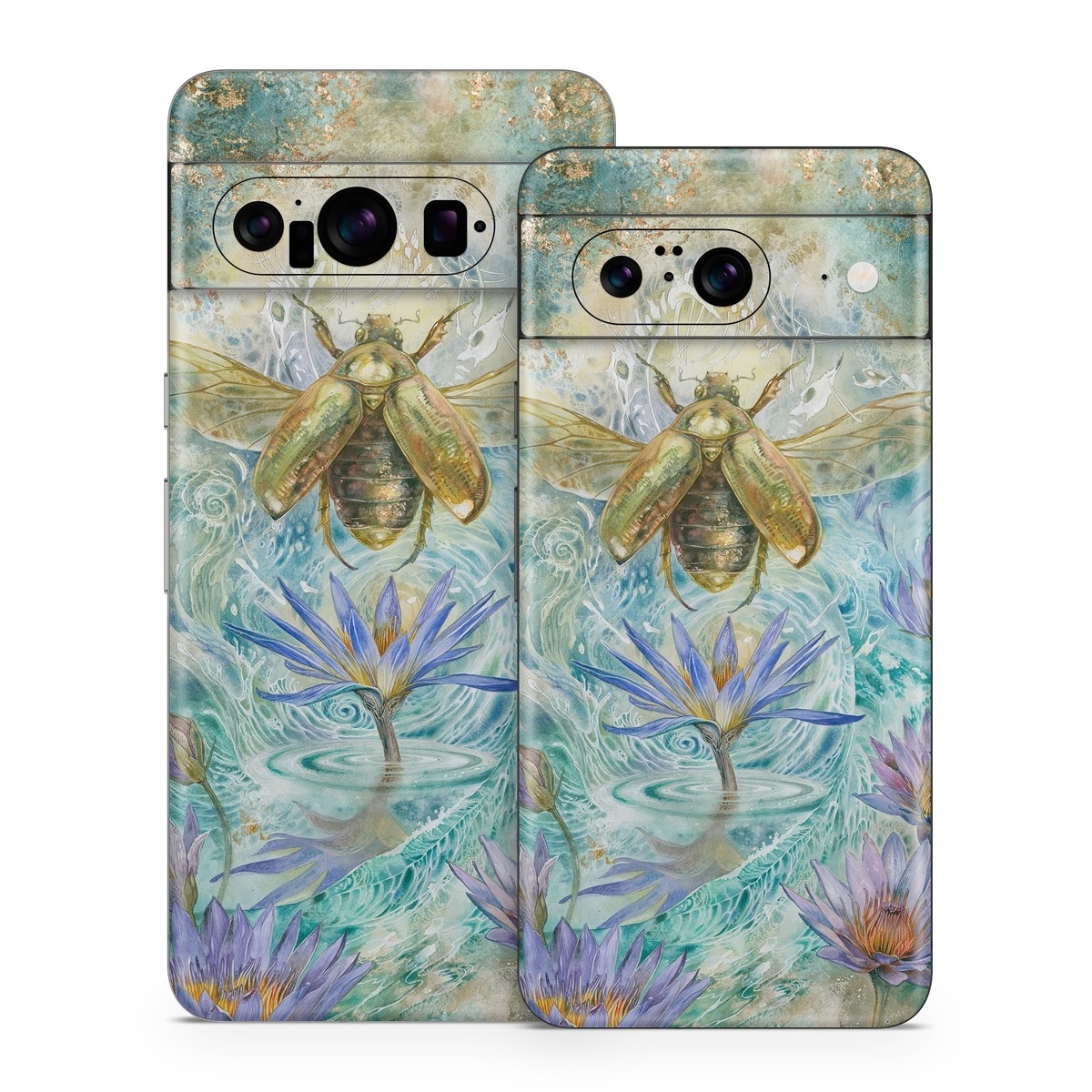 Google Pixel 8 Series Skin design of Painting, Fictional character, Art, Flower, Watercolor paint, Plant, Wildflower, Angel, Honeybee, Mythology, with blue, yellow, brown, purple, red, white colors