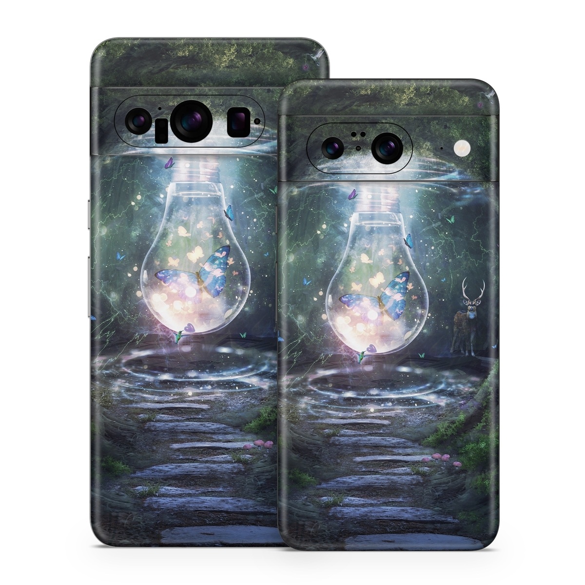 Google Pixel 8 Series Skin design of Nature, Green, Darkness, Natural environment, Light, Infrastructure, Tunnel, Tree, Forest, Art, with white, black, brown, green, blue, yellow colors