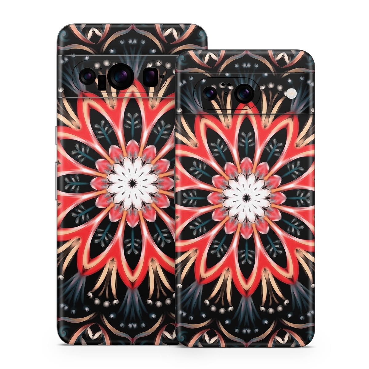 Google Pixel 8 Series Skin design of Pattern, Psychedelic art, Symmetry, Design, Art, Visual arts, Textile, Kaleidoscope, Fractal art, Ornament, with black, red, white, blue, yellow, orange colors