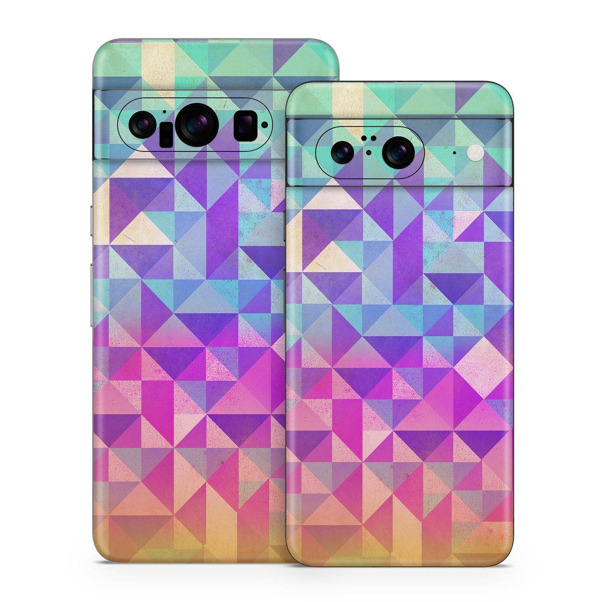 Google Pixel 8 Series Skin design of Pattern, Purple, Triangle, Violet, Magenta, Line, Design, Symmetry, Psychedelic art, with gray, purple, green, blue, pink colors