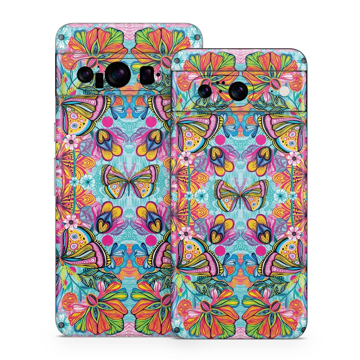 Google Pixel 8 Series Skin design of Pattern, Design, Textile, Psychedelic art, Visual arts, Symmetry, Art, Motif, with blue, pink, green, yellow, orange, purple colors