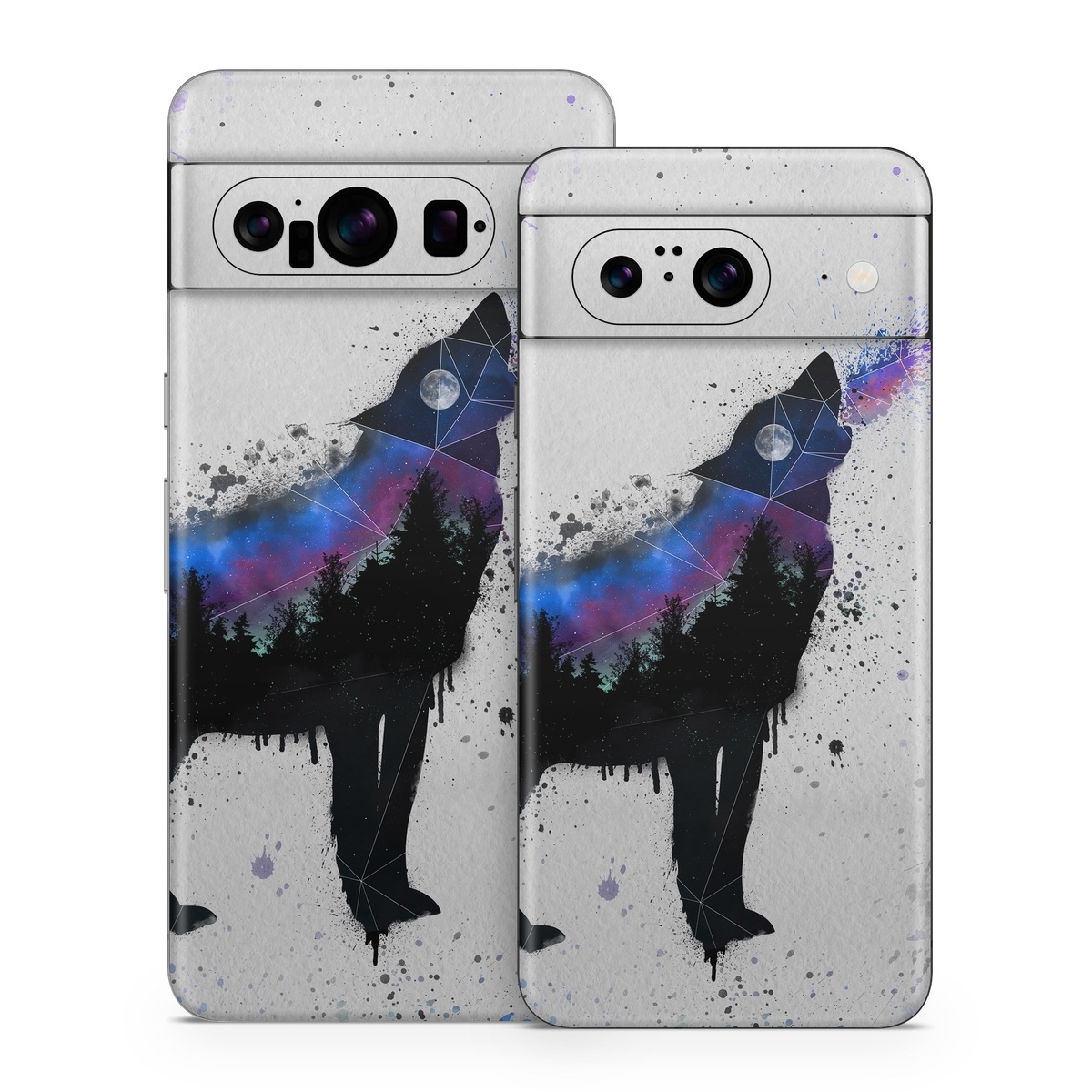 Google Pixel 8 Series Skin design of Canidae, Art, Illustration, Watercolor paint, Dog, Graphic design, Street art, Acrylic paint, Painting, Visual arts, with gray, white, blue, black, green, purple colors