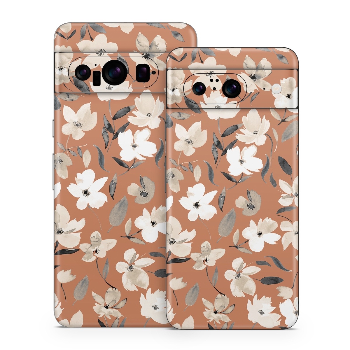 Google Pixel 8 Series Skin design of Flower, Plant, Textile, Botany, Petal, Gesture, Line, Font, Groundcover, Art, with brown, white, gray, black colors