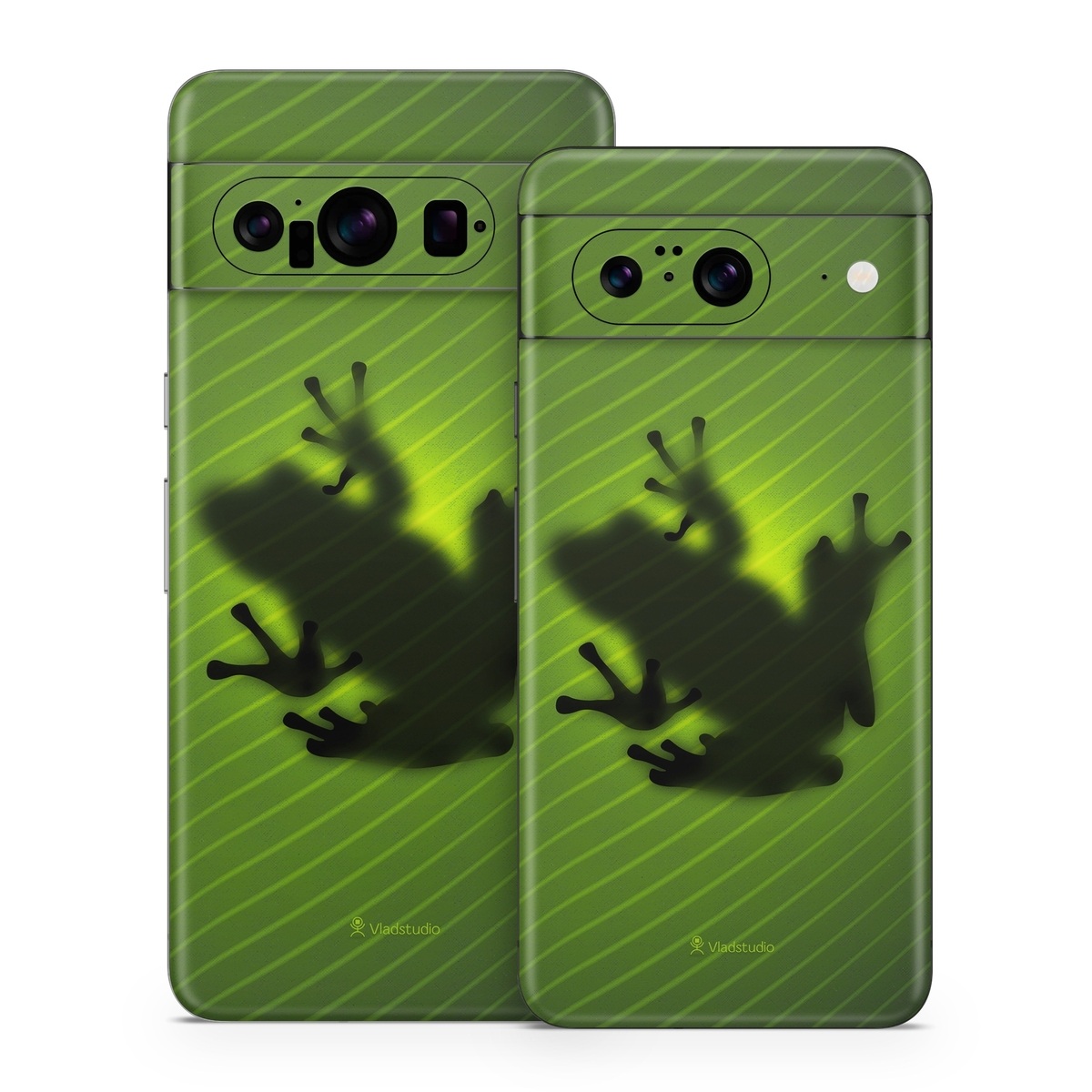 Google Pixel 8 Series Skin design of Green, Frog, Tree frog, Amphibian, Shadow, Silhouette, Macro photography, Illustration, with green, black colors