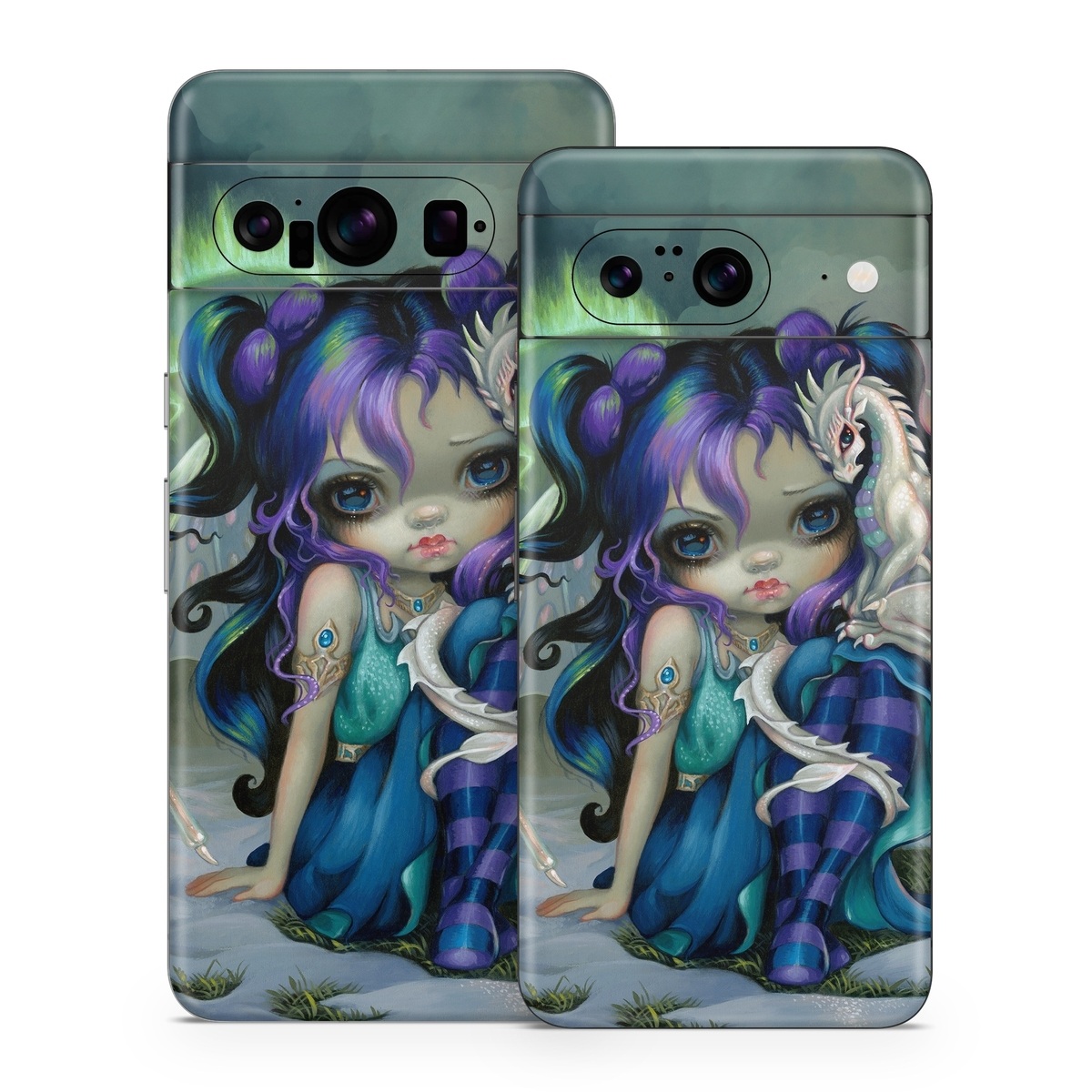 Google Pixel 8 Series Skin design of Illustration, Fictional character, Cg artwork, Art, Mythology, Anime, Mythical creature, with green, blue, purple, yellow, red, white colors