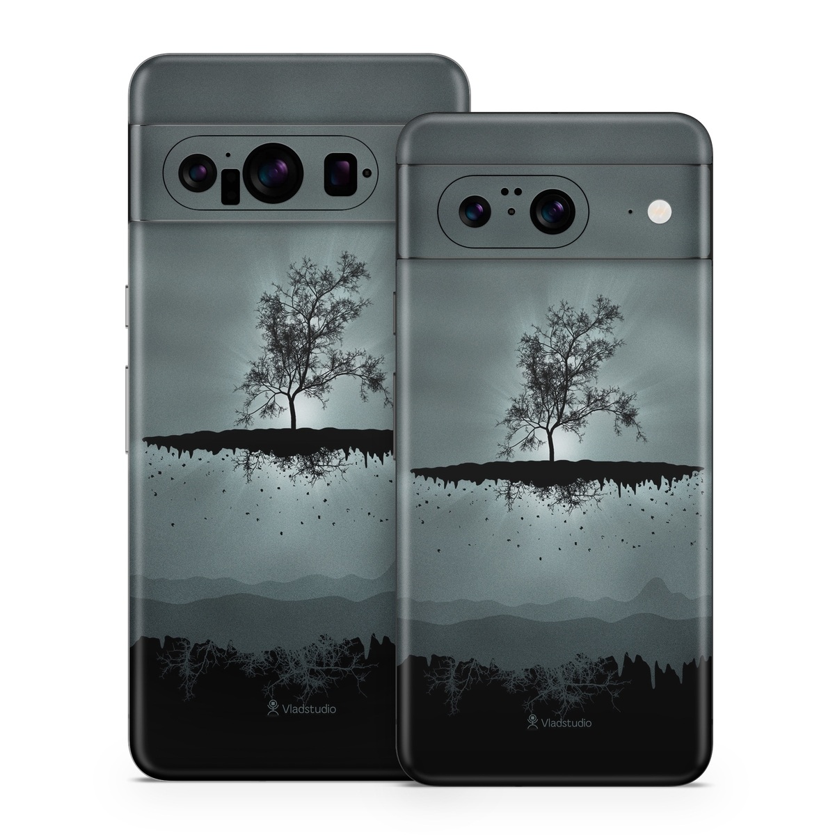Google Pixel 8 Series Skin design of Reflection, Sky, Nature, Water, Black, Tree, Black-and-white, Monochrome photography, Natural landscape, Atmospheric phenomenon, with black, gray, blue colors