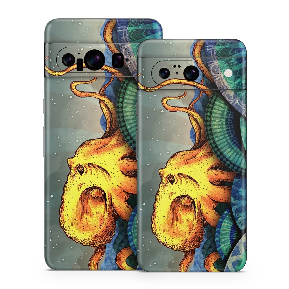 Google Pixel 8 Series Skin design of Illustration, Fractal art, Art, Cg artwork, Sky, Organism, Psychedelic art, Graphic design, Graphics, Octopus, with black, gray, blue, green, red colors