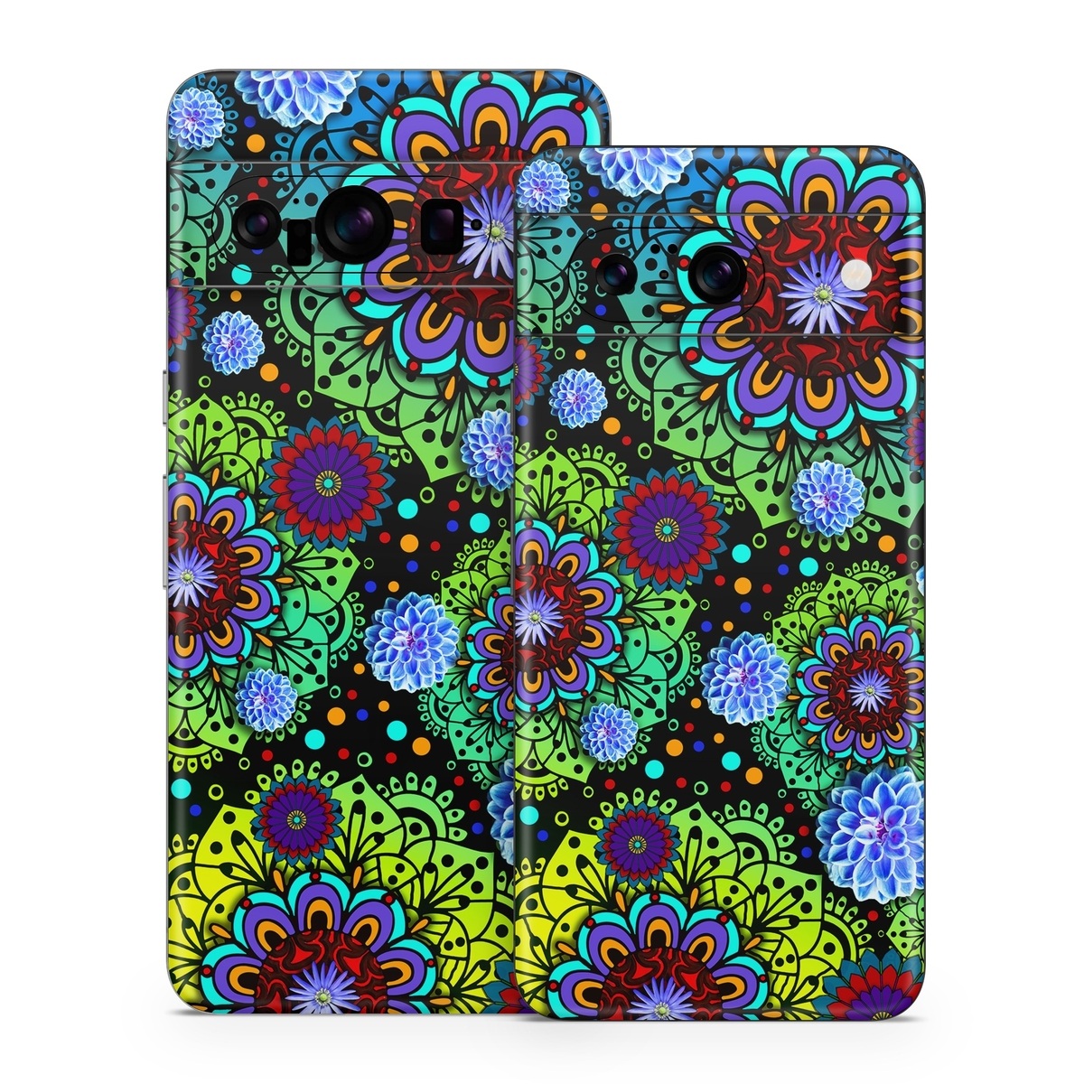 Google Pixel 8 Series Skin design of Pattern, Psychedelic art, Design, Flower, Art, Visual arts, Floral design, Plant, Textile, Symmetry, with black, blue, green, purple colors