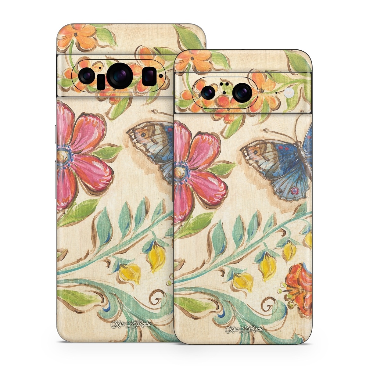 Google Pixel 8 Series Skin design of Butterfly, Moths and butterflies, Insect, Pollinator, Plant, Pattern, Watercolor paint, Wildflower, Visual arts, Brush-footed butterfly, with gray, pink, green, red, orange, blue colors
