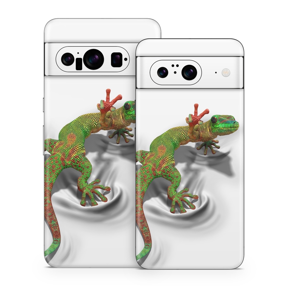 Google Pixel 8 Series Skin design of Lizard, Reptile, Gecko, Scaled reptile, Green, Iguania, Animal figure, Wall lizard, Fictional character, Iguanidae, with white, gray, black, red, green colors
